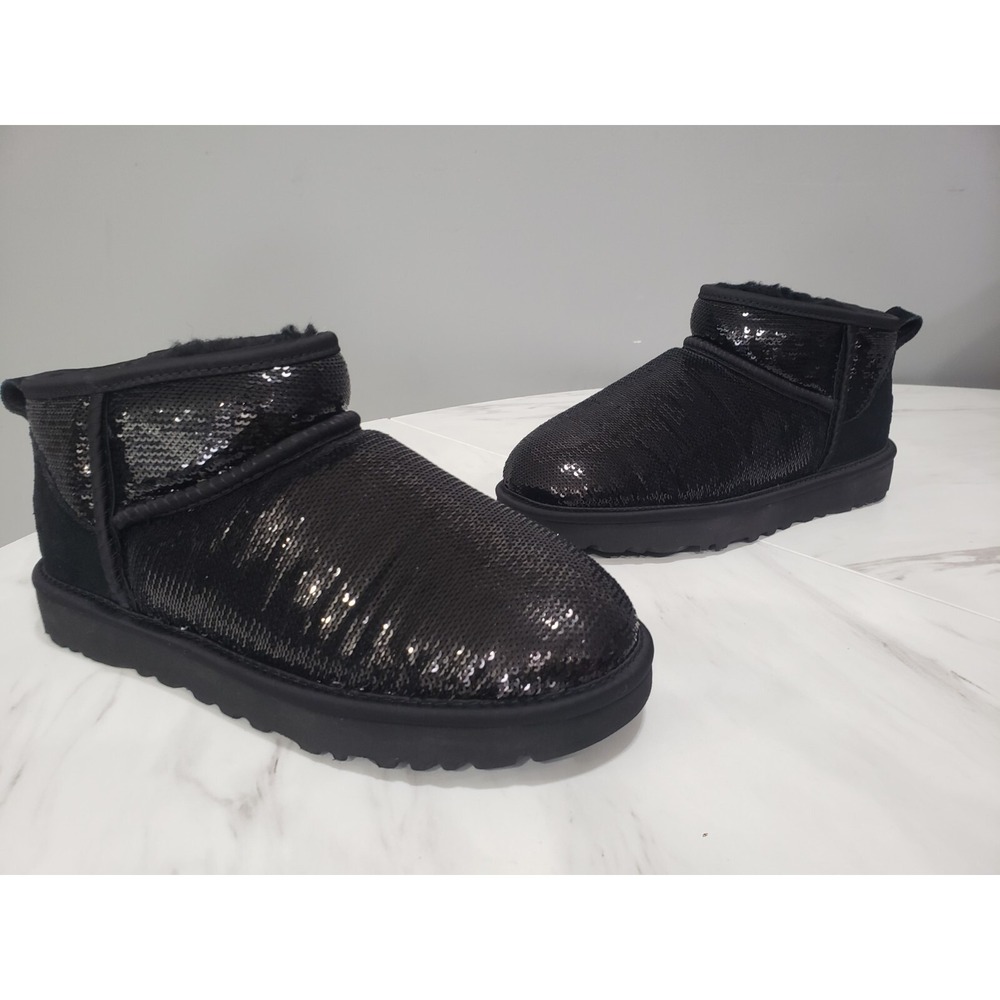 NEW NO BOX UGG W Classic Ultra Mini Mirror Ball Black Short Bootie Slip‎ On Sz 6